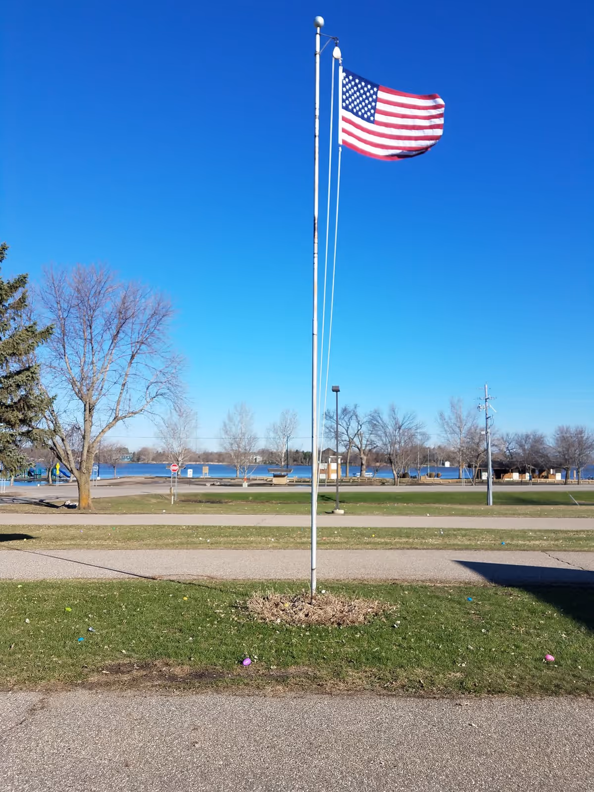 American flag flying on a tall flagpole in front of a lake and trees under a clear blue sky.