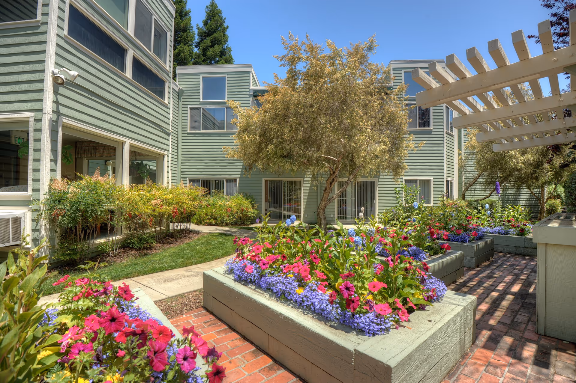 Outdoor garden area at Palo Alto Commons with raised flower beds filled with colorful flowers including pink, purple, and blue blooms. The garden is surrounded by light green buildings with multiple windows and a tree in the center. A white pergola structure is visible on the right side over a brick pathway.