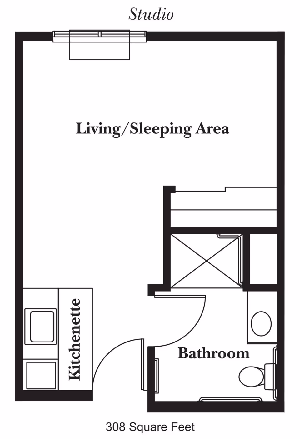 Floor plan of a studio apartment at Heritage Woods of Dwight showing a living/sleeping area, kitchenette, and bathroom. The total area is 308 square feet.