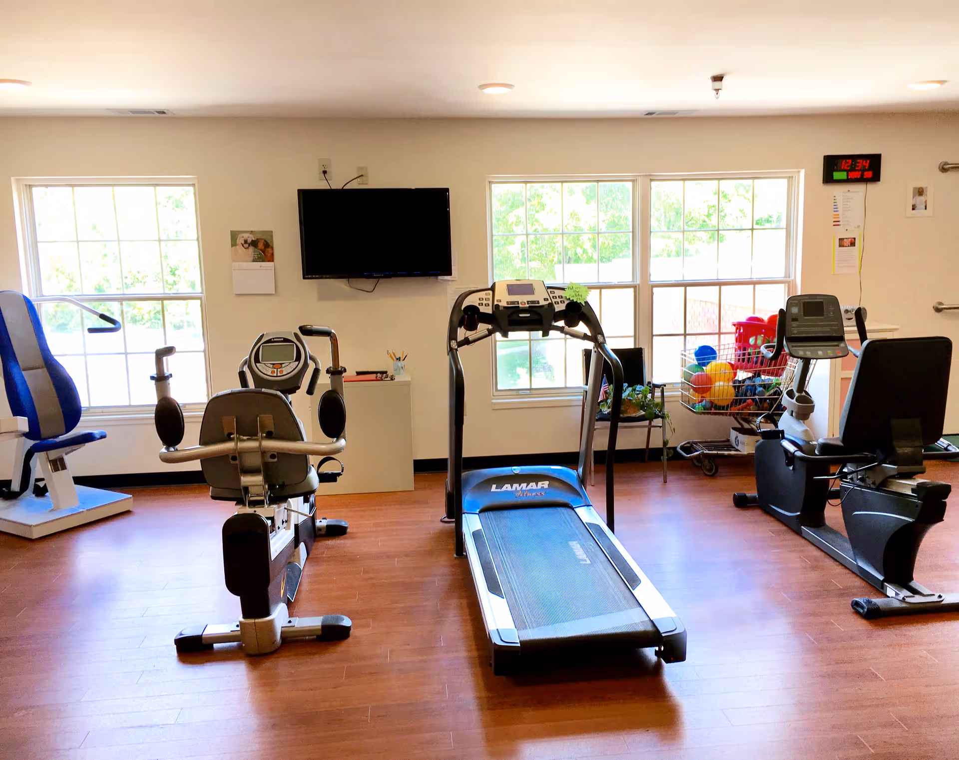 A fitness room with exercise equipment including a recumbent bike, treadmill, and other workout machines. The room has wooden flooring, two large windows letting in natural light, a wall-mounted TV, and a cart with colorful exercise balls in the corner.