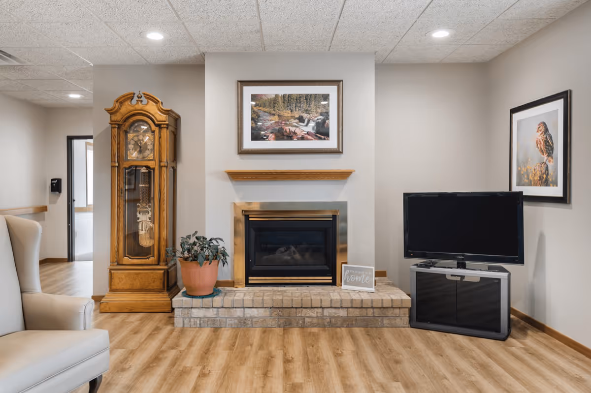 A cozy living area with a fireplace centered between a grandfather clock and a TV, wood flooring and framed art.