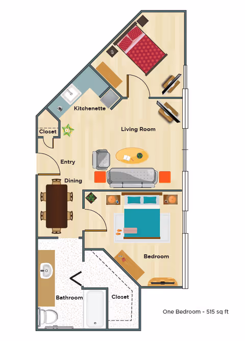 Illustrated floor plan of a one-bedroom, 515 sq ft apartment showing a living room, kitchenette, dining area, bedroom, bathroom, and closets.