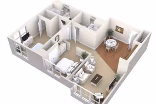 3D floor plan of a senior living apartment featuring a bedroom with a bed and dresser, a living room with a sofa and coffee table, a dining area with a round table and chairs, a kitchen with appliances, and a bathroom.