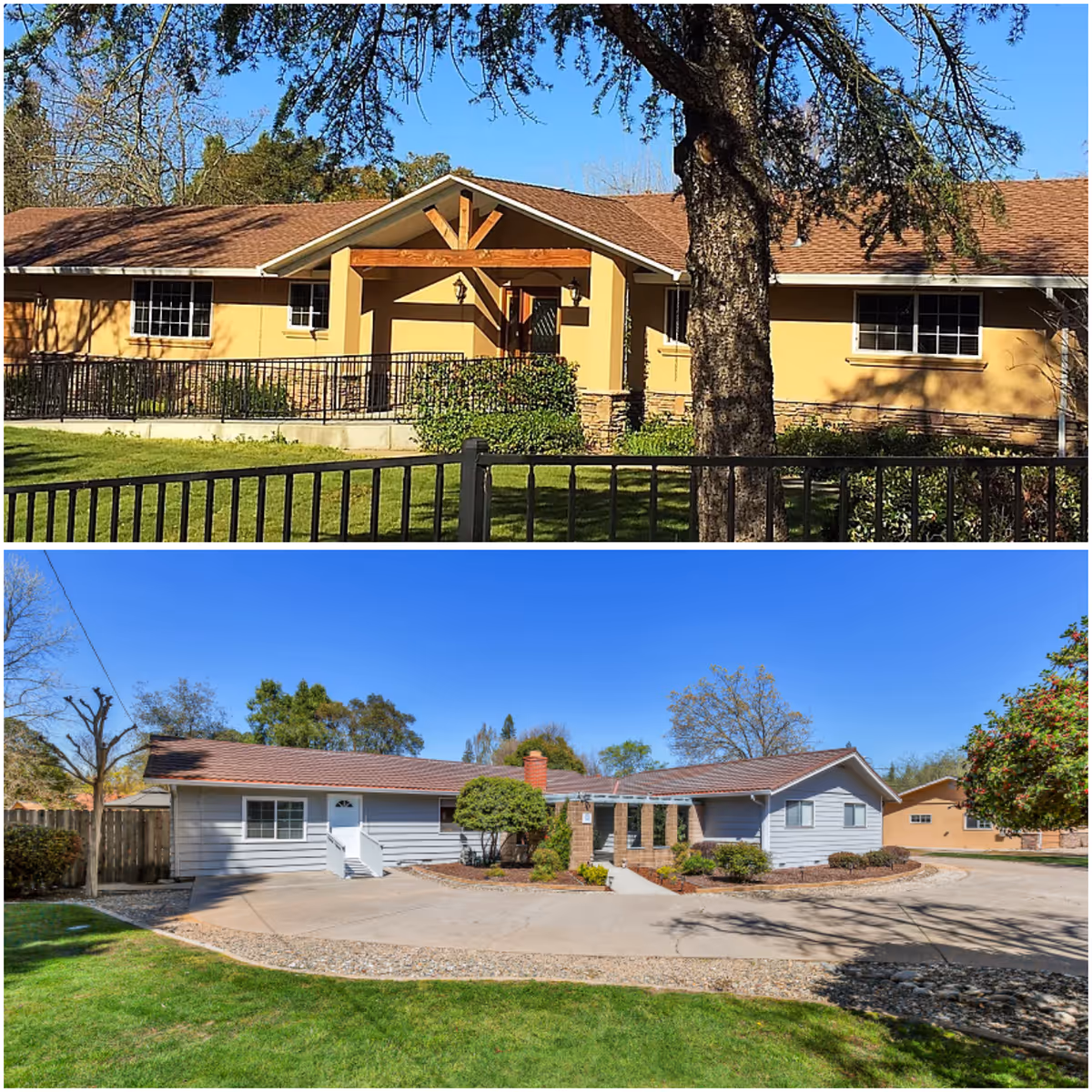 Two images showing exterior views of residential buildings at Granite Bay Villas I. The top image features a beige building with a brown roof, a wooden entrance structure, and a black metal fence in front, surrounded by greenery and trees. The bottom image shows a gray building with a red roof, a driveway, landscaped bushes, and a clear blue sky.