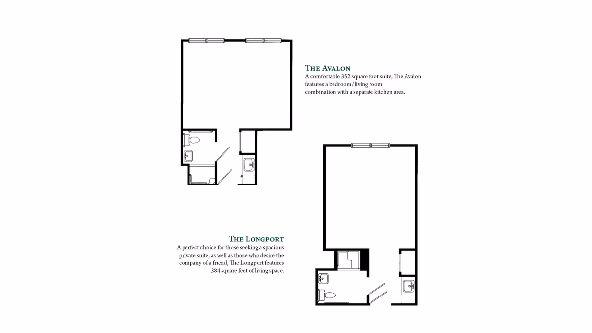 Floor plans for two residential suites named The Avalon and The Longport at Brandywine Brandall Estates by Monarch, showing layout of rooms including bathroom, kitchen, and living areas with descriptions of square footage and features.
