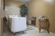 A white walk-in bathtub in a tiled bathroom with hanging towels, a potted plant, and a small decorative table holding toiletries.