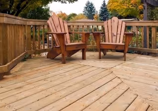 Two wooden Adirondack chairs on a wooden deck with a wooden railing, surrounded by trees with autumn foliage.