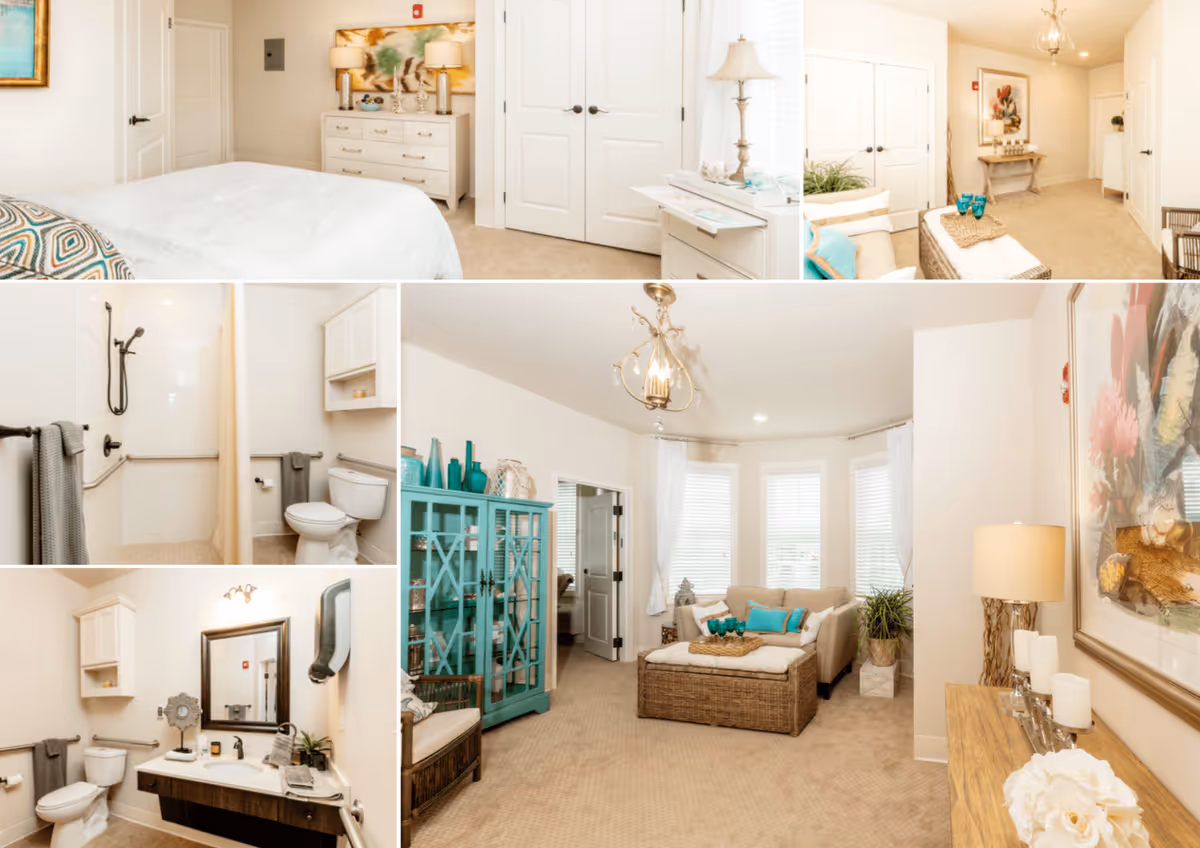 Collage of interior views from The Mann House Cumming facility showing a bedroom with a white bedspread and dresser, a living room with beige sofa, wicker ottoman, turquoise cabinet, and decorative items, and a bathroom with a toilet, sink, mirror, and walk-in shower with grab bars.