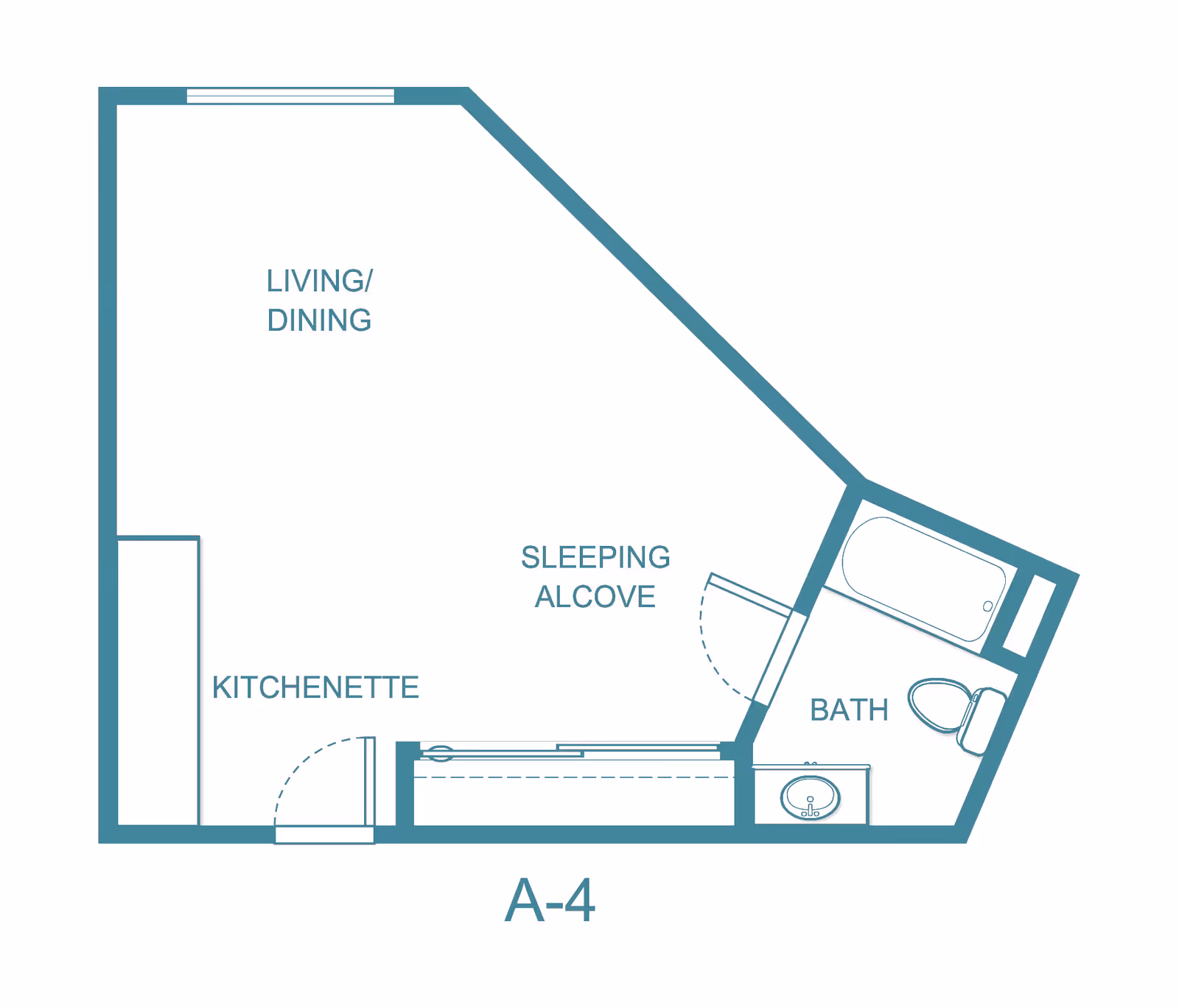 Architectural floor plan labeled A-4 showing a senior living unit layout with areas designated as kitchenette, living/dining, sleeping alcove, and bath including a bathtub, toilet, and sink.