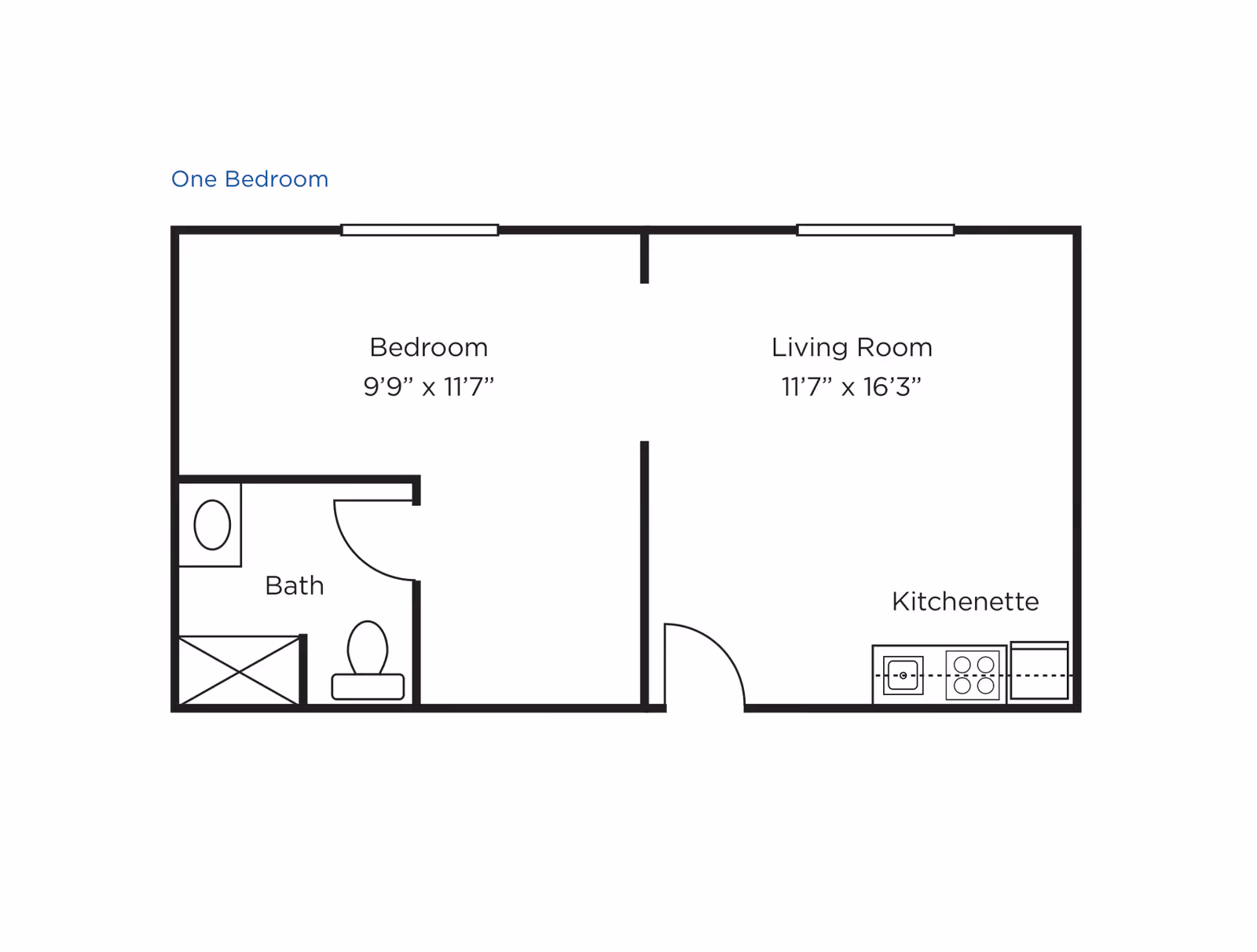 Floor plan of a one-bedroom apartment showing a bedroom measuring 9 feet 9 inches by 11 feet 7 inches, a living room measuring 11 feet 7 inches by 16 feet 3 inches, a bath with a toilet and bathtub, and a kitchenette area.