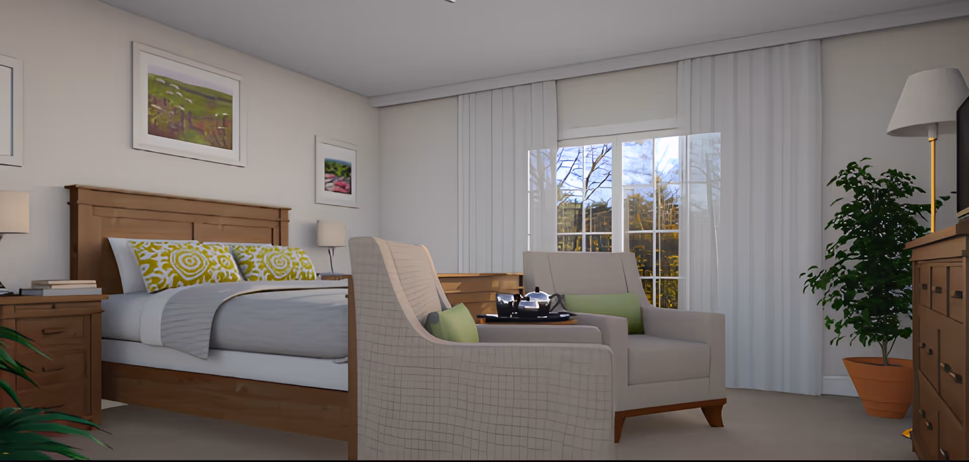 A cozy bedroom featuring a wooden bed with decorative pillows, a pair of comfortable chairs, a bedside table with a lamp, and large windows allowing natural light to fill the room. The decor includes framed artwork on the walls and a potted plant in the corner.