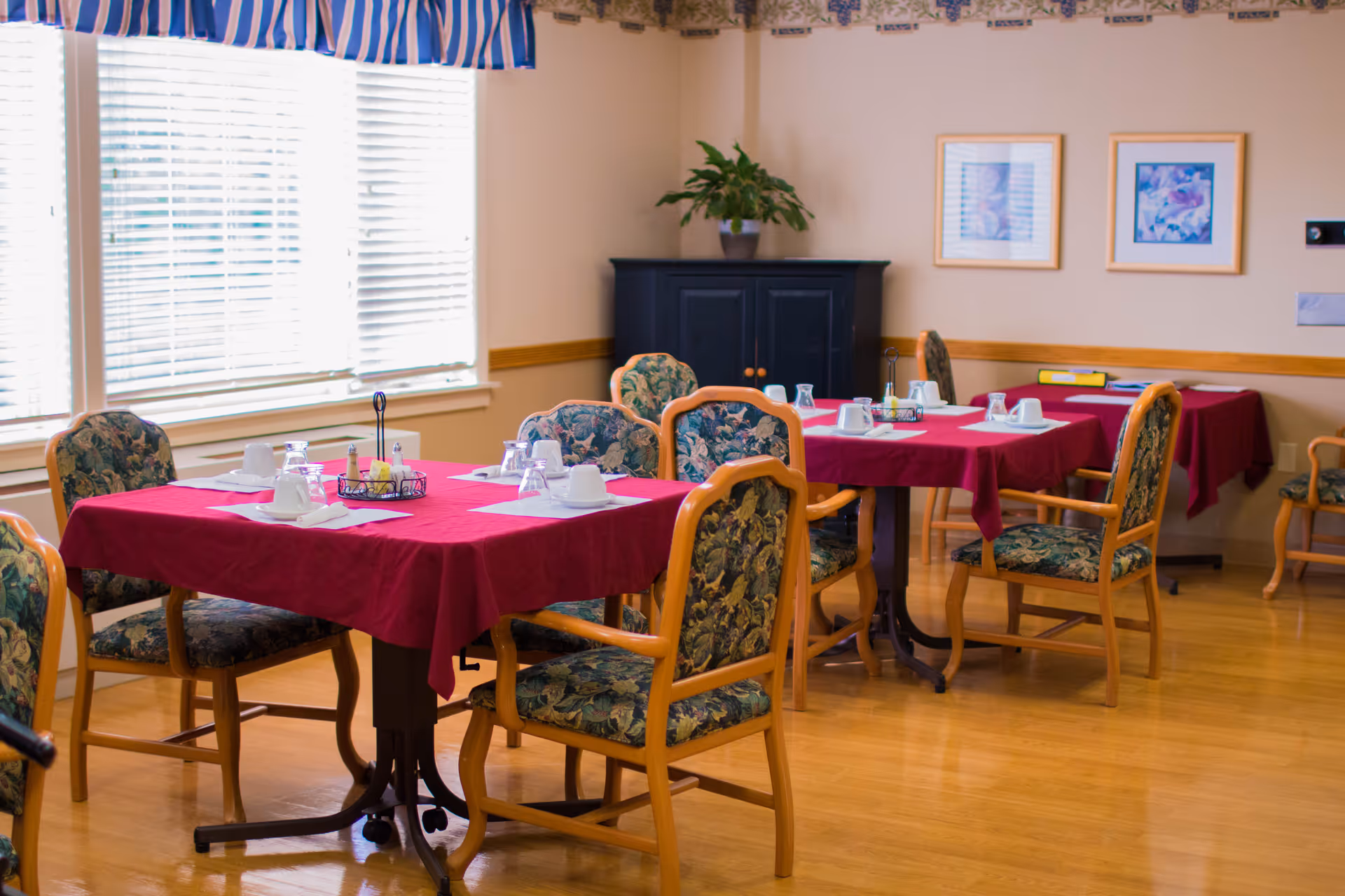 A dining room with tables covered in red tablecloths, each set with white cups, glasses, and napkins. The chairs have wooden frames and floral-patterned cushions. Large windows with blinds and a blue and white striped valance let in natural light. There are framed pictures on the wall and a black cabinet with a potted plant on top.