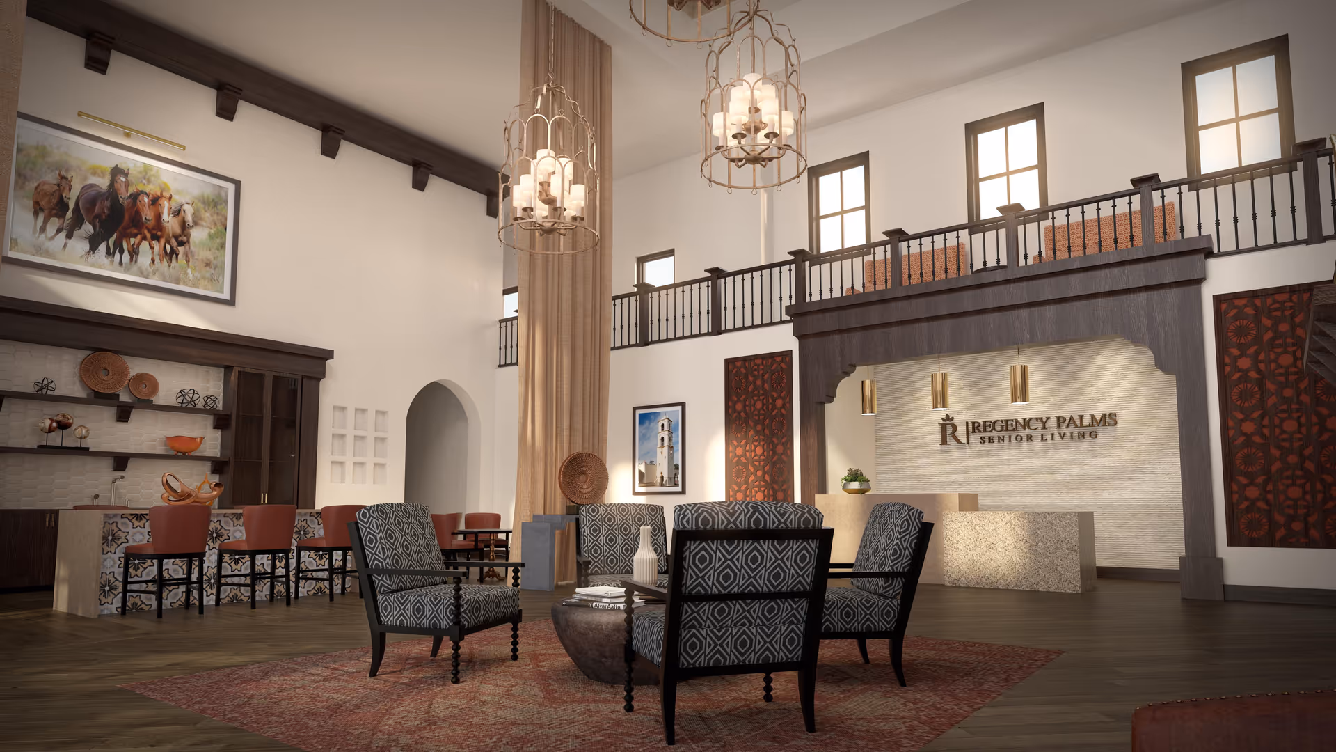 Spacious senior living facility lobby with high ceilings, a seating area with four patterned armchairs around a round coffee table on a large rug, a reception desk with the Regency Palms Senior Living logo on the wall behind it, decorative wall panels, and a dining area with chairs and a counter in the background.