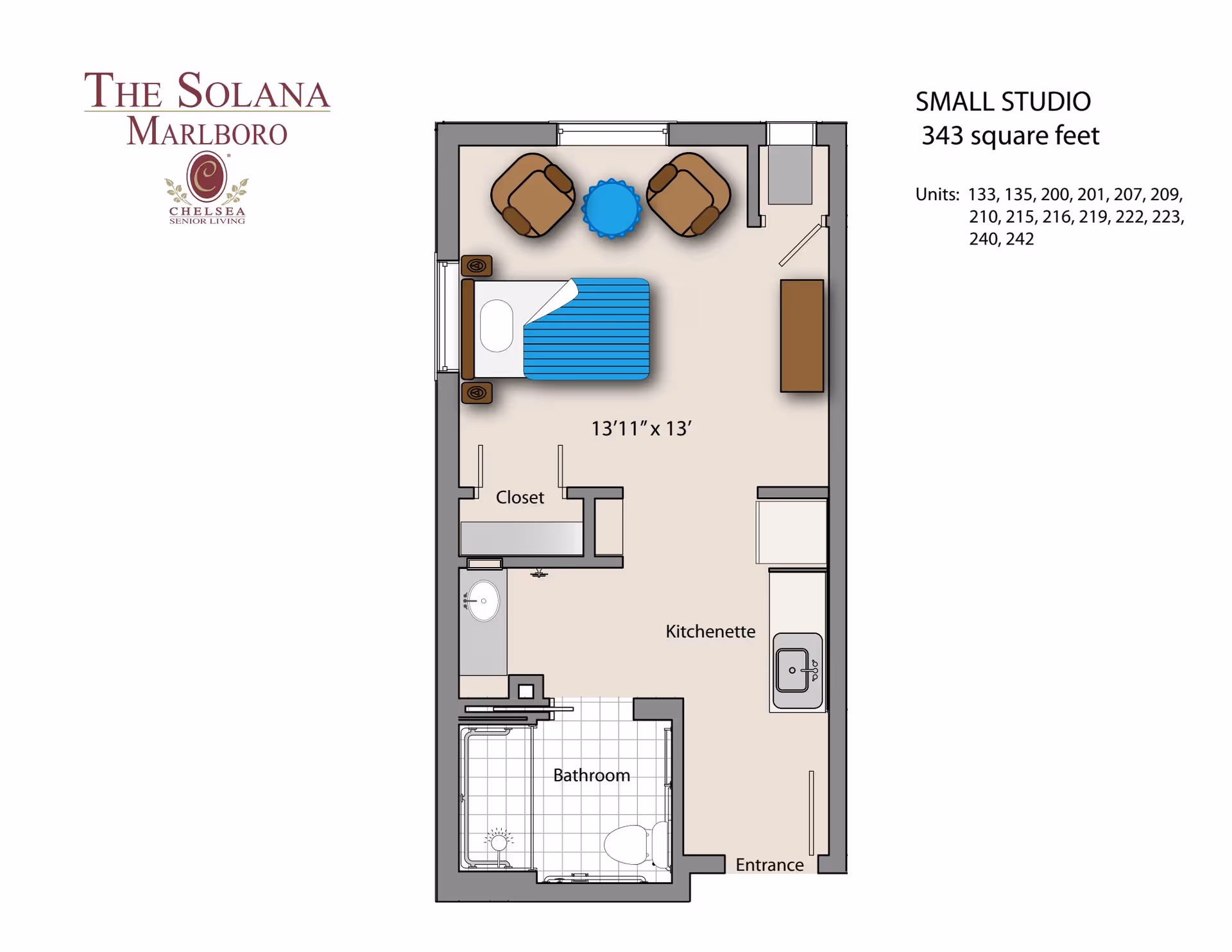 Floor plan of a small studio apartment at The Solana Marlboro, showing a 343 square feet layout with a kitchenette, bathroom, closet, bed, two chairs with a small table, and an entrance.