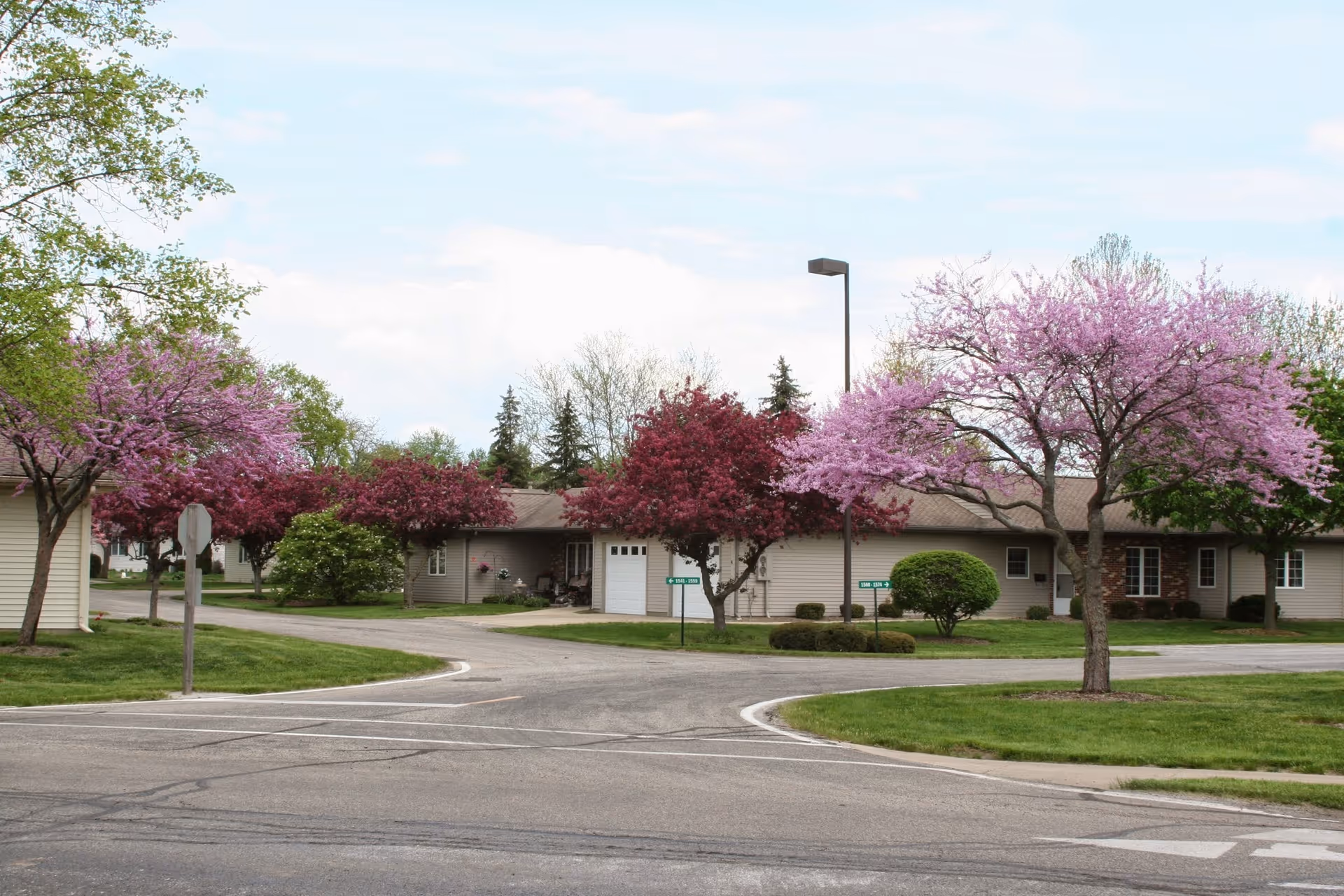 View of a senior living facility with single-story buildings surrounded by blooming pink and purple trees, green lawns, and paved roads under a partly cloudy sky.