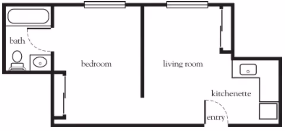 Floor plan layout showing a one-bedroom apartment with a bath, bedroom, living room, kitchenette, and entry area.