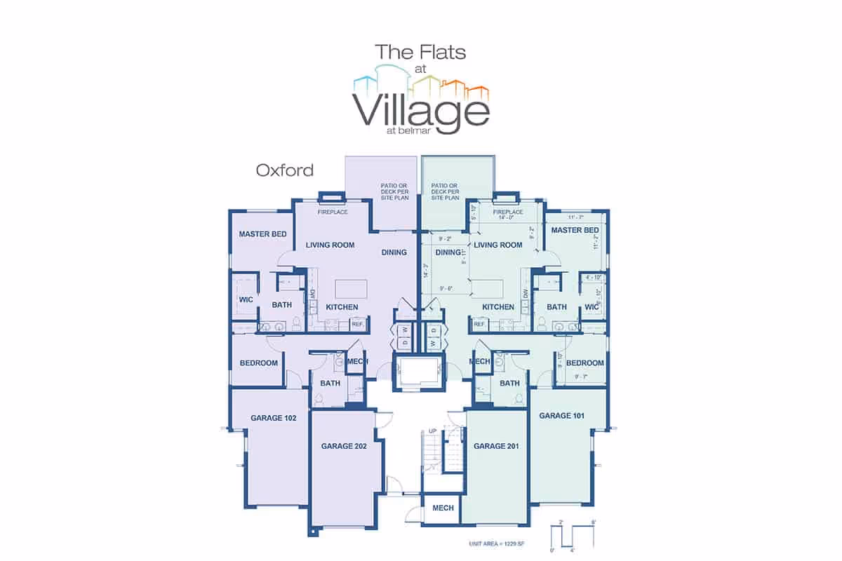 Floor plan layout of The Flats at Village at Belmar showing two mirrored apartment units named Oxford. Each unit includes a master bedroom with walk-in closet and bathroom, a second bedroom, an additional bathroom, kitchen, dining area, living room with fireplace, mechanical room, and garage spaces. Both units have patios or decks as per site plan.