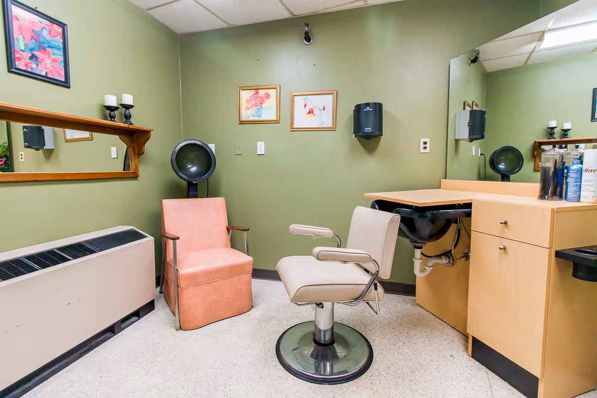 Interior of a salon room with green walls, featuring a beige salon chair in front of a black sink and wooden cabinet, a pink upholstered chair with a hair dryer hood behind it, a large mirror on the right wall, a rectangular mirror on the left wall, and framed floral artwork on the walls.