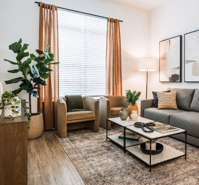 A cozy living room with a large window covered by brown curtains and white blinds. The room features two beige armchairs, a gray sofa with decorative pillows, a floor lamp, a wooden side table with plants, and a rectangular coffee table with decorative items on a patterned rug.