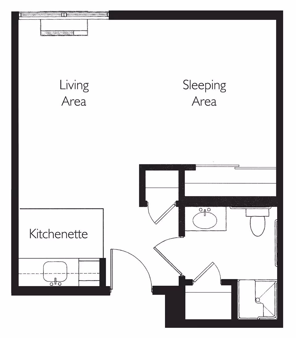 Floor plan layout of a small living space at Eagle Ridge of Decatur showing a living area, sleeping area, kitchenette, and a bathroom with a sink, toilet, and shower.