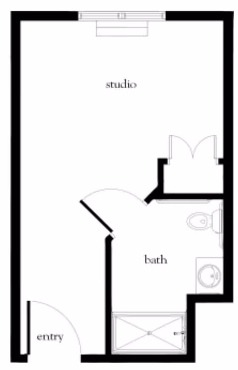 Floor plan of a studio apartment with an entry area, a combined living and sleeping studio space, and a bathroom that includes a toilet, sink, and shower.