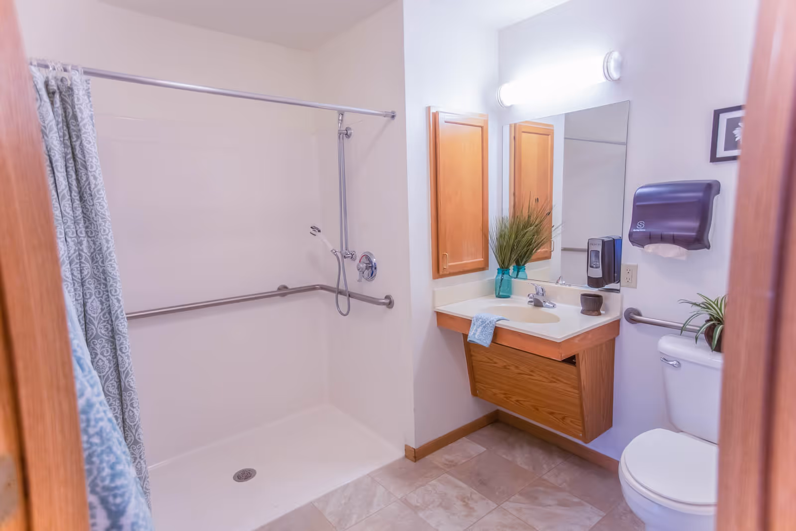Accessible bathroom with a walk-in shower, grab bars, sink with mirror and cabinets, and a toilet.