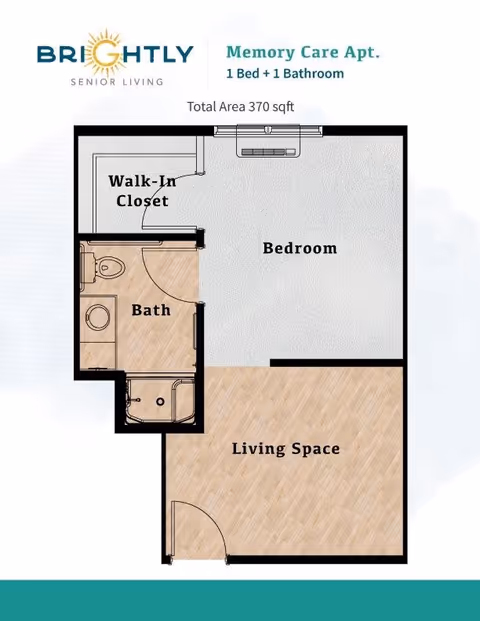 Floor plan of a memory care apartment at Brightly Senior Living showing a 1 bedroom and 1 bathroom layout with a total area of 370 square feet. The plan includes a bedroom, walk-in closet, bathroom, and living space with labeled areas and doors.