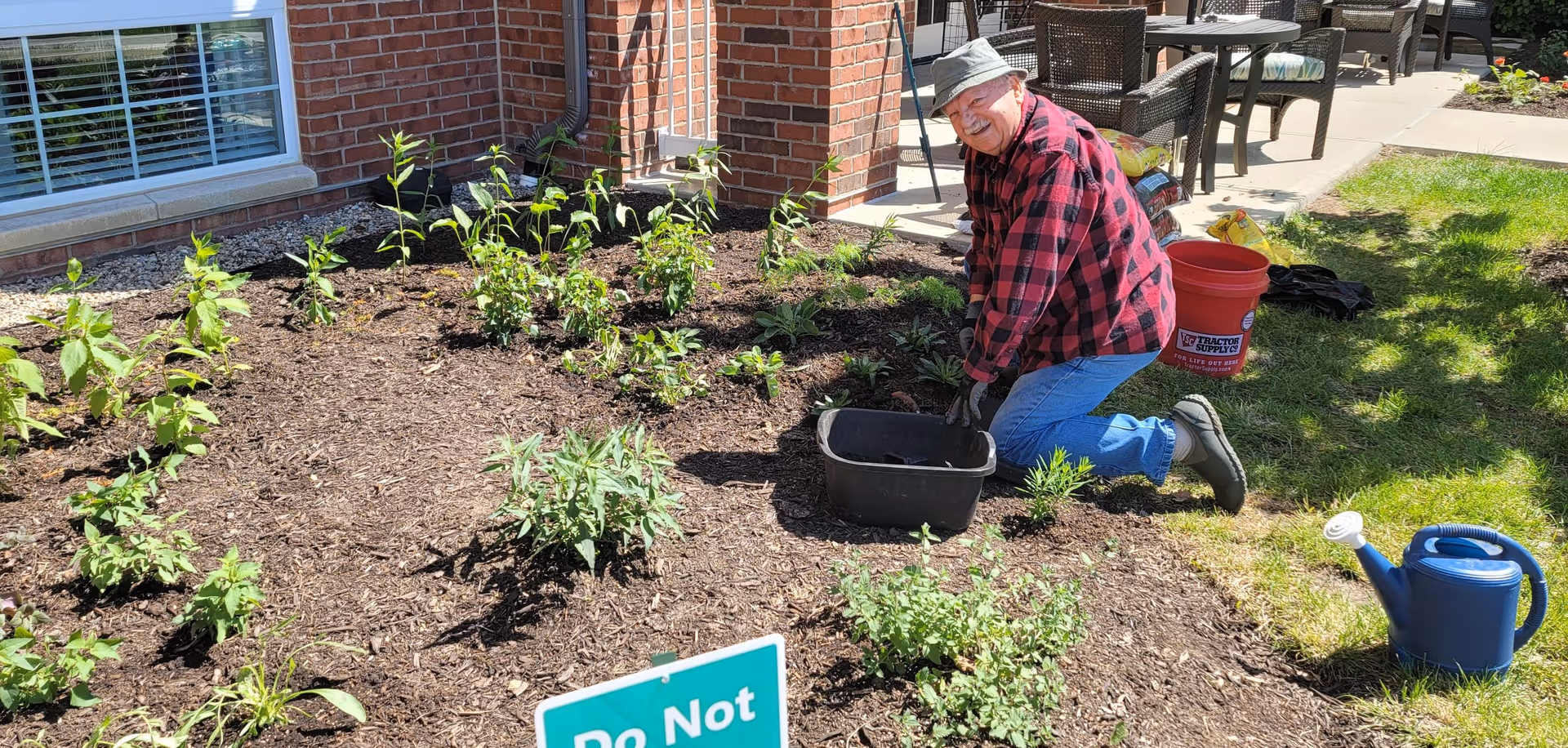 An elderly man wearing a red and black checkered shirt, blue jeans, gloves, and a gray hat is kneeling on the ground while gardening in a flower bed outside a brick building. There are various plants and mulch in the flower bed, a red bucket, and a blue watering can nearby. A green sign partially visible in the foreground reads 'Do Not'.