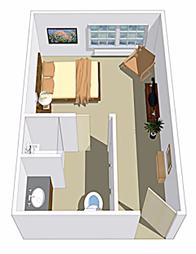 3D floor plan of a small senior living unit featuring a bedroom with a bed, nightstand, and lamp, a bathroom with a sink and toilet, a closet, and a living area with a chair, TV stand, and plant. There is a window on one wall and a door leading into the unit.
