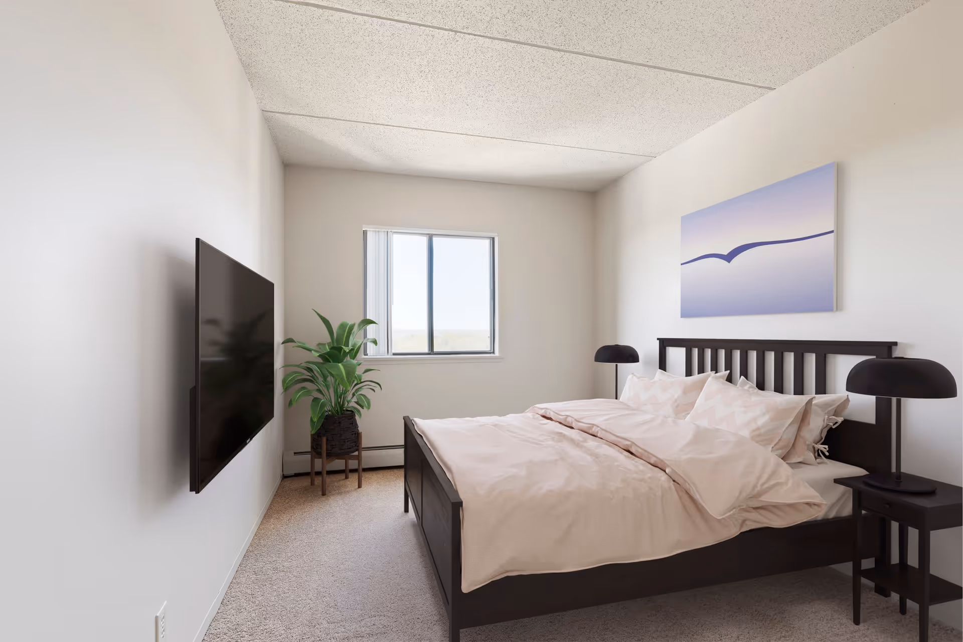 A bedroom with a dark wooden bed frame and light pink bedding, two matching black bedside tables with black lamps, a potted plant near a window with vertical blinds, a flat-screen TV mounted on the opposite wall, and a minimalist artwork above the bed.