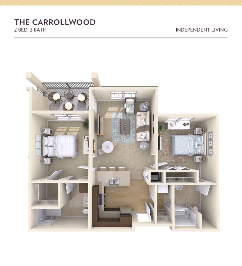 3D floor plan of The Carrollwood apartment featuring 2 bedrooms and 2 bathrooms. The layout includes a living room with sofa and chairs, a kitchen with an island and bar stools, two bedrooms each with beds and nightstands, two bathrooms, and a balcony with outdoor seating.