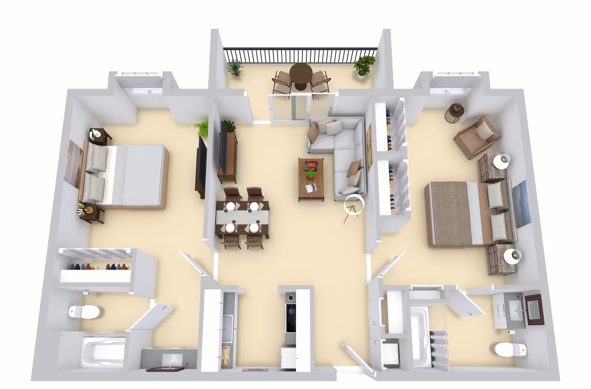 3D floor plan rendering of a two-bedroom, two-bath apartment with a central living and dining area, kitchen, and balcony.
