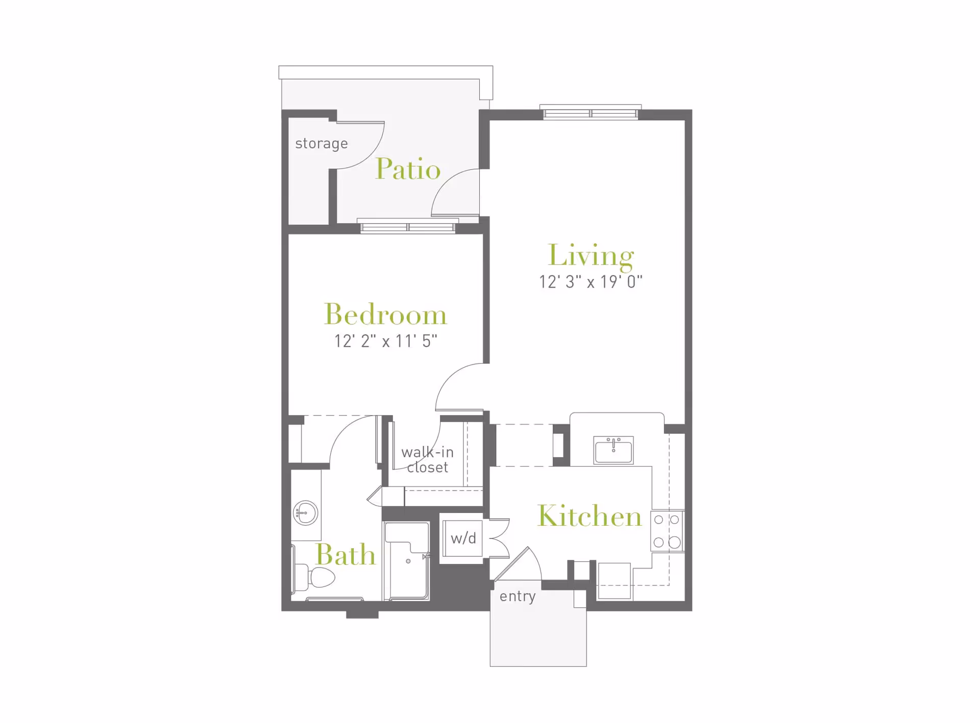 Floor plan of a one-bedroom apartment at Clearwater Agritopia showing a bedroom, bath, walk-in closet, kitchen, living room, patio with storage, and entry area.