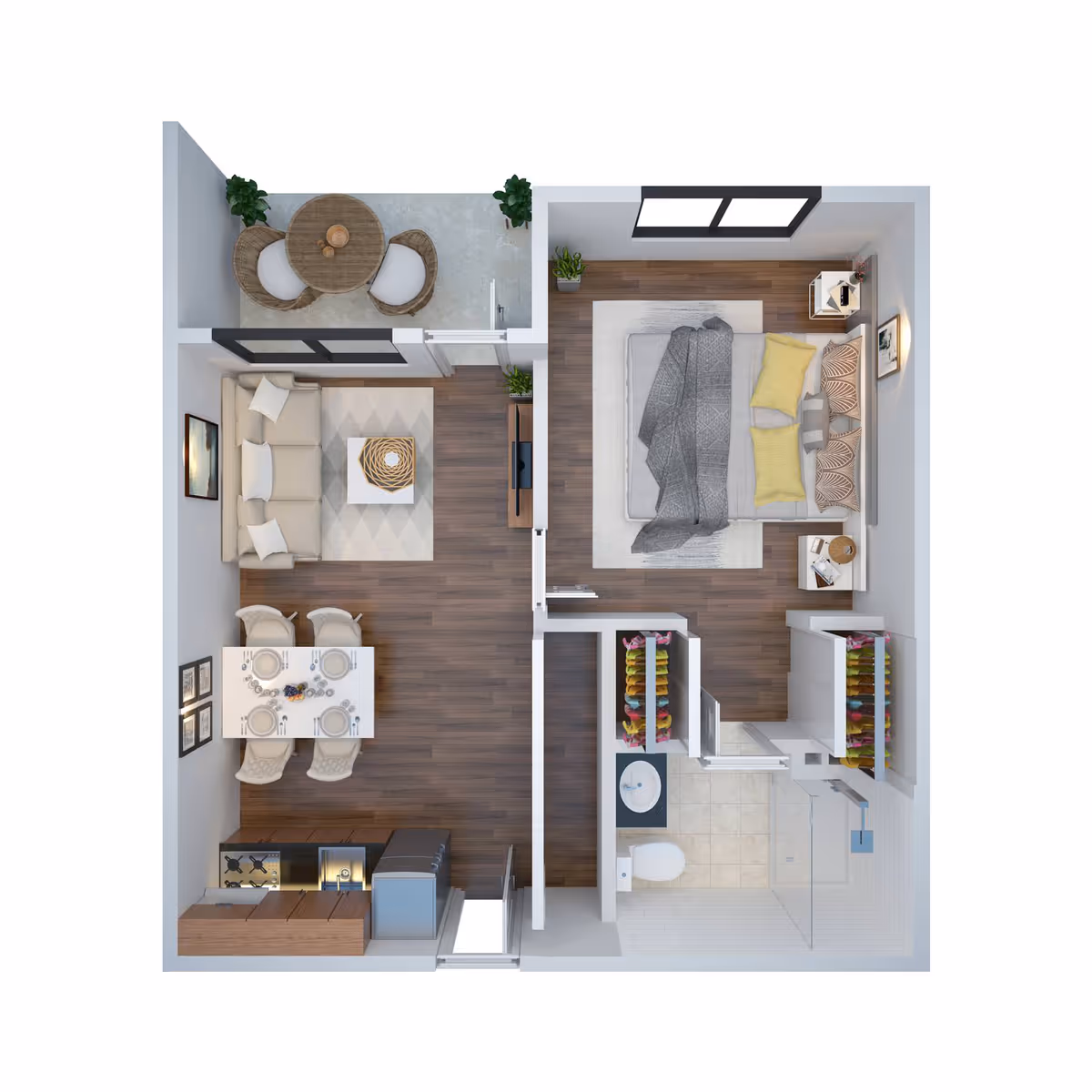 Top-down 3D floor plan of a one-bedroom apartment showing a living room, dining area, kitchen, bedroom, bathroom, closets, and a small balcony.