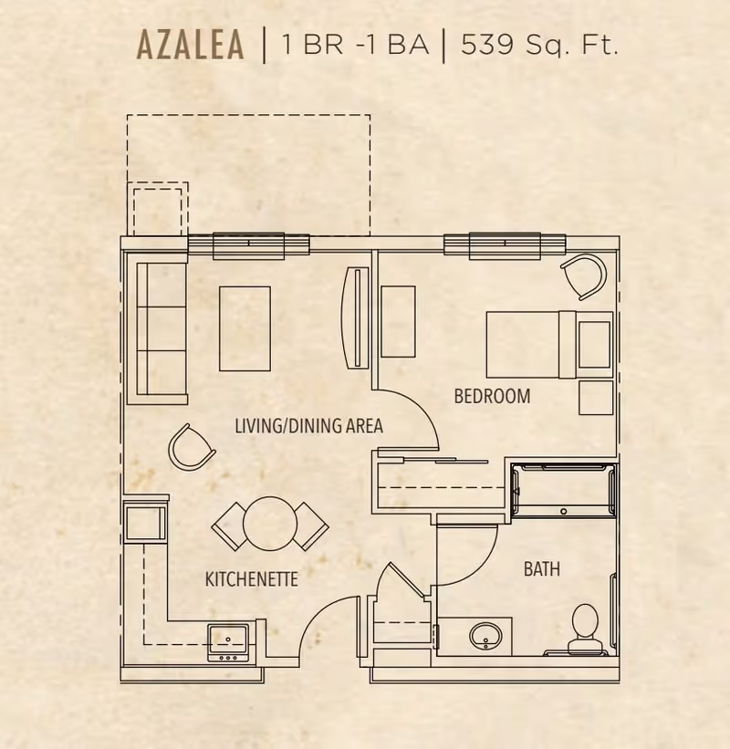 Floor plan of Azalea apartment with 1 bedroom and 1 bathroom, totaling 539 square feet. The layout includes a living/dining area with sofa and chairs, a kitchenette with a small dining table and chairs, a bedroom with a bed and chair, and a bathroom with a sink and toilet.