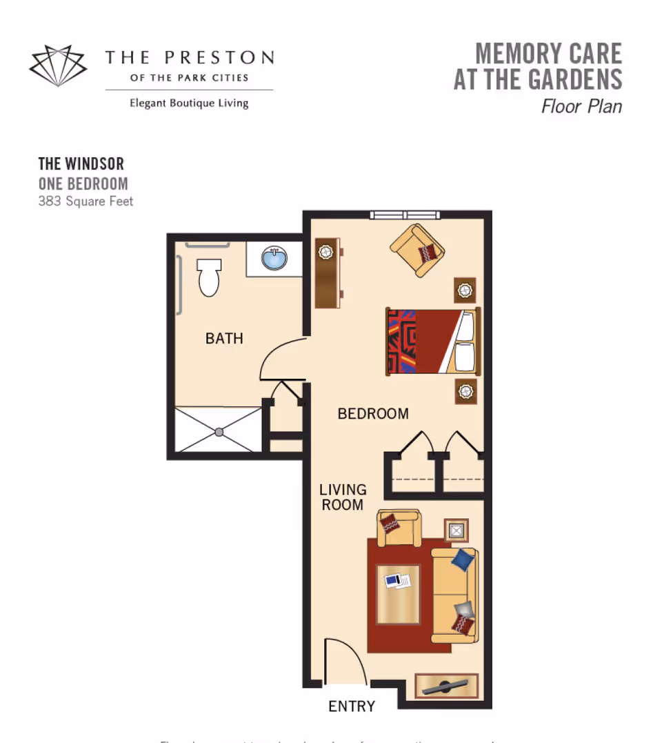 Floor plan of The Windsor one-bedroom unit at The Preston of the Park Cities, showing a living room with sofa and chair, a bedroom with bed and chair, and a bathroom with toilet and sink. The layout includes an entryway and closets.
