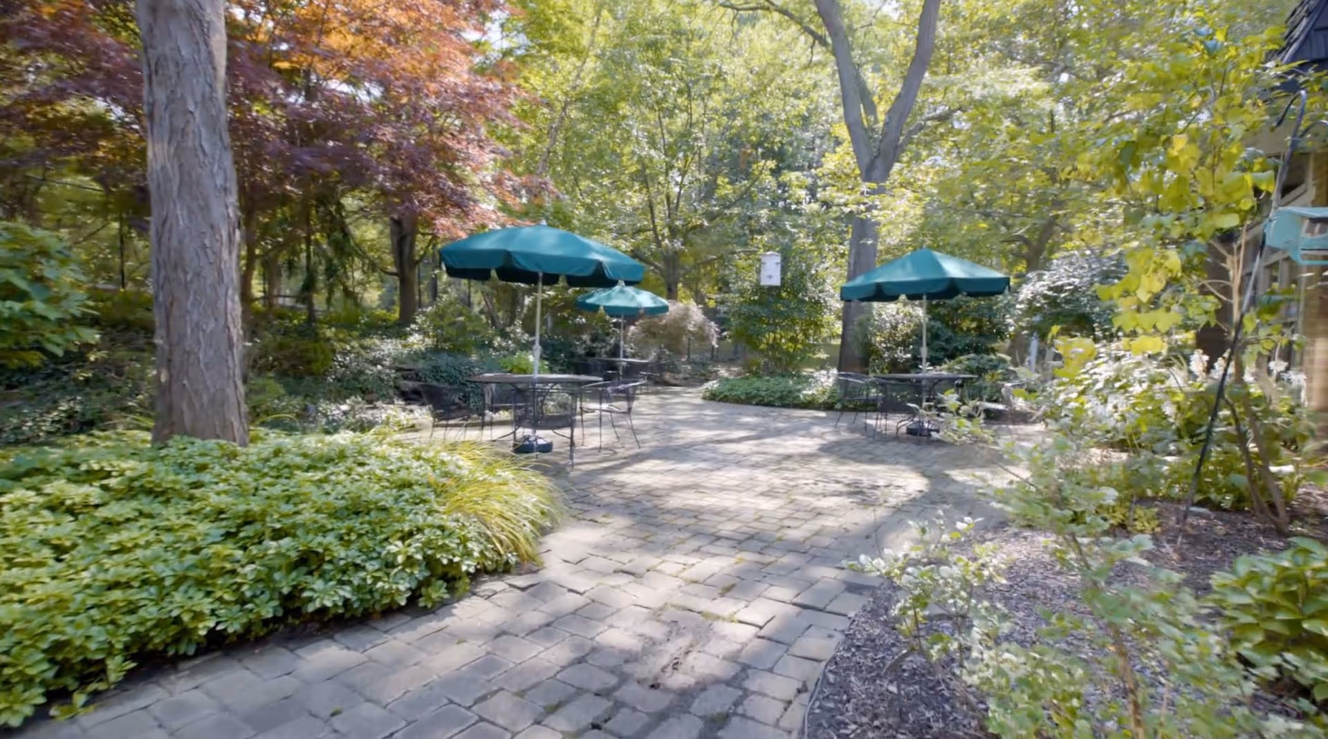 A peaceful outdoor patio area with stone paving, surrounded by lush green trees and bushes. There are several round metal tables with green umbrellas and matching chairs arranged around the space, creating a shaded seating area.