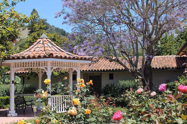 A garden area at Wood Glen Senior Living featuring a white gazebo with a tiled roof, surrounded by blooming yellow, pink, and orange roses. A large tree with purple flowers stands nearby, and a building with a red-tiled roof is visible in the background under a clear blue sky.