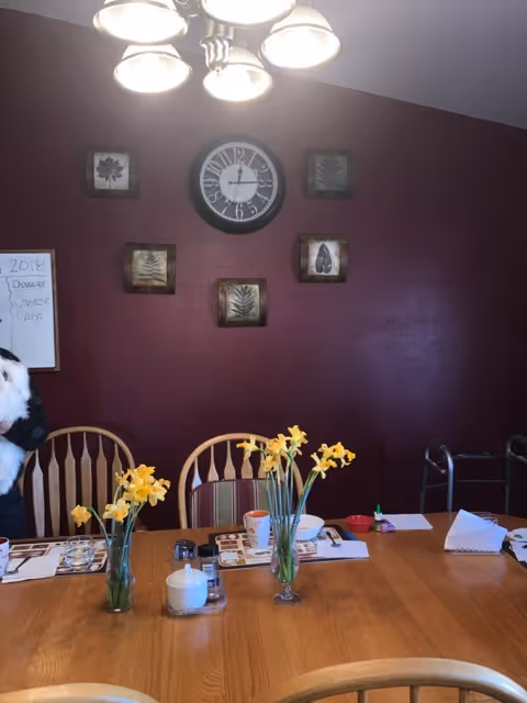 A dining room with a wooden table set with placemats, cups, and small vases holding yellow flowers. There are wooden chairs around the table. On the maroon wall behind the table, there is a clock surrounded by six framed botanical prints. A whiteboard with some writing is partially visible on the left side, and a walker is seen on the right side of the image.