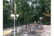 Outdoor patio area with multiple metal chairs and tables arranged on a paved surface, surrounded by dense green trees and foliage. Two decorative streetlamp-style lights are visible on the patio.