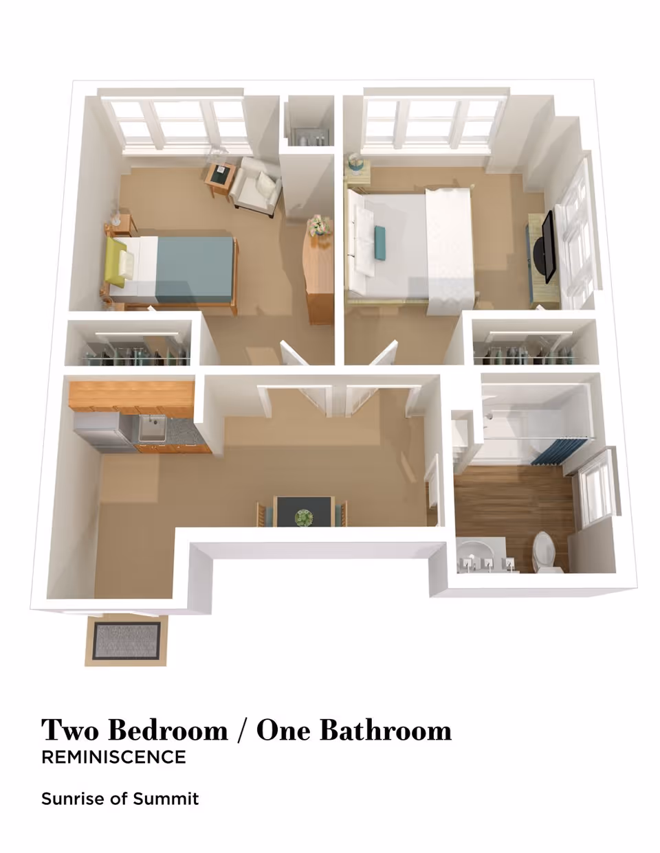 3D top-down floor plan showing a two-bedroom, one-bathroom apartment with kitchen, living/dining area and bathroom.