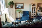 Cozy living-room area with a patterned sofa in the foreground, a blue armchair, cabinets, plants, and framed art on the wall.