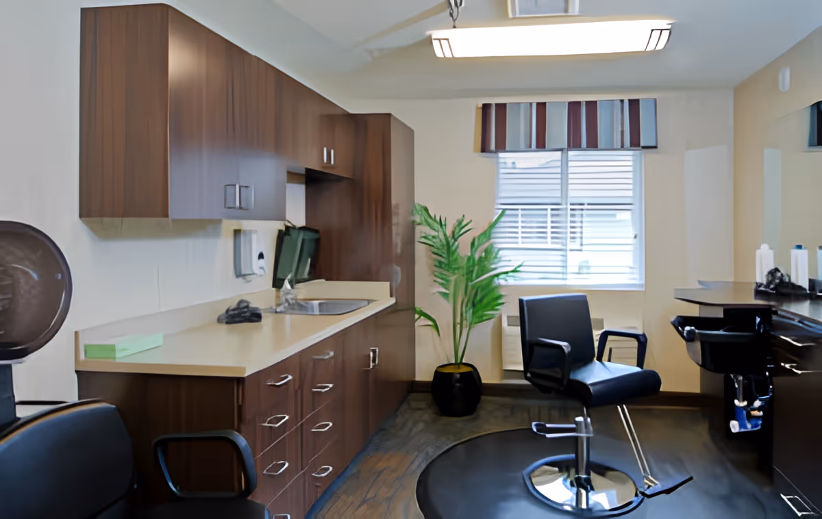 Interior view of a salon room with two black salon chairs, a large mirror, dark wood cabinets, a countertop with a sink, a potted plant near a window with striped valance, and overhead lighting.