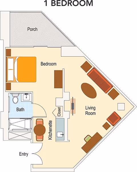Floor plan of a one-bedroom apartment featuring a porch, bedroom with a bed and nightstands, bathroom with a toilet and sink, kitchenette with a small dining table and two chairs, closet, and a living room with a sofa, armchair, coffee table, and TV stand.