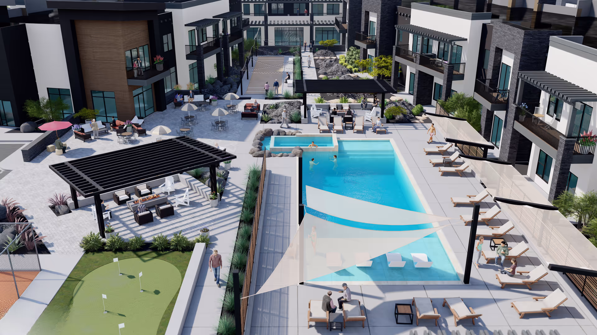 Aerial view of a modern retirement community courtyard with a swimming pool, lounge chairs, pergolas and surrounding apartment buildings.