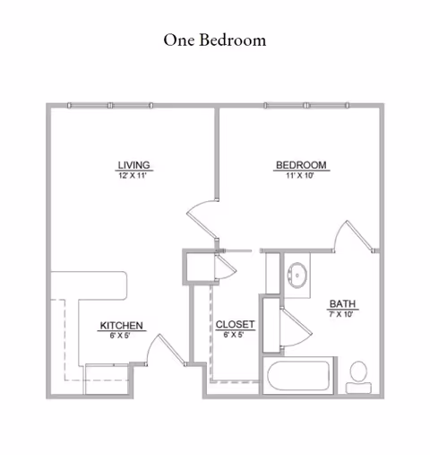 Black-and-white one-bedroom apartment floor plan labeled with living room, bedroom, kitchen, closet, and bath with dimensions.