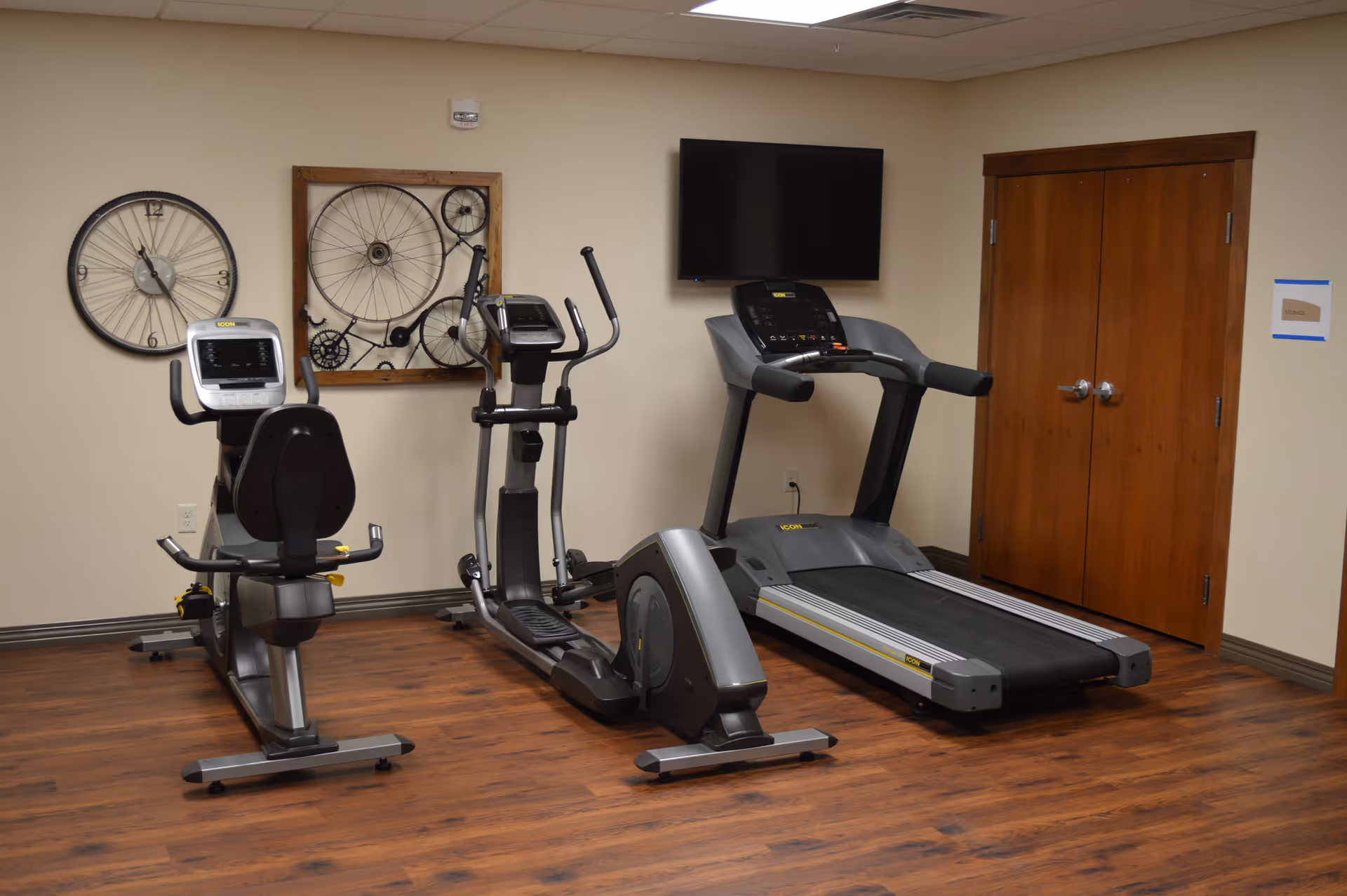 Small exercise room with a treadmill, elliptical, and recumbent bike against a wall with decorative bicycle-wheel art and a mounted TV.