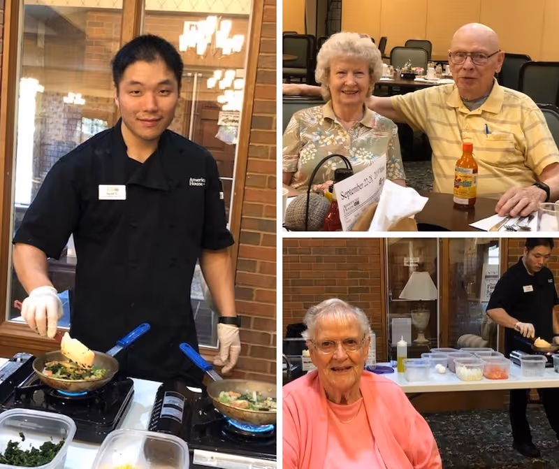 A collage showing a chef cooking at portable stoves and smiling residents seated at dining tables in a communal dining room.