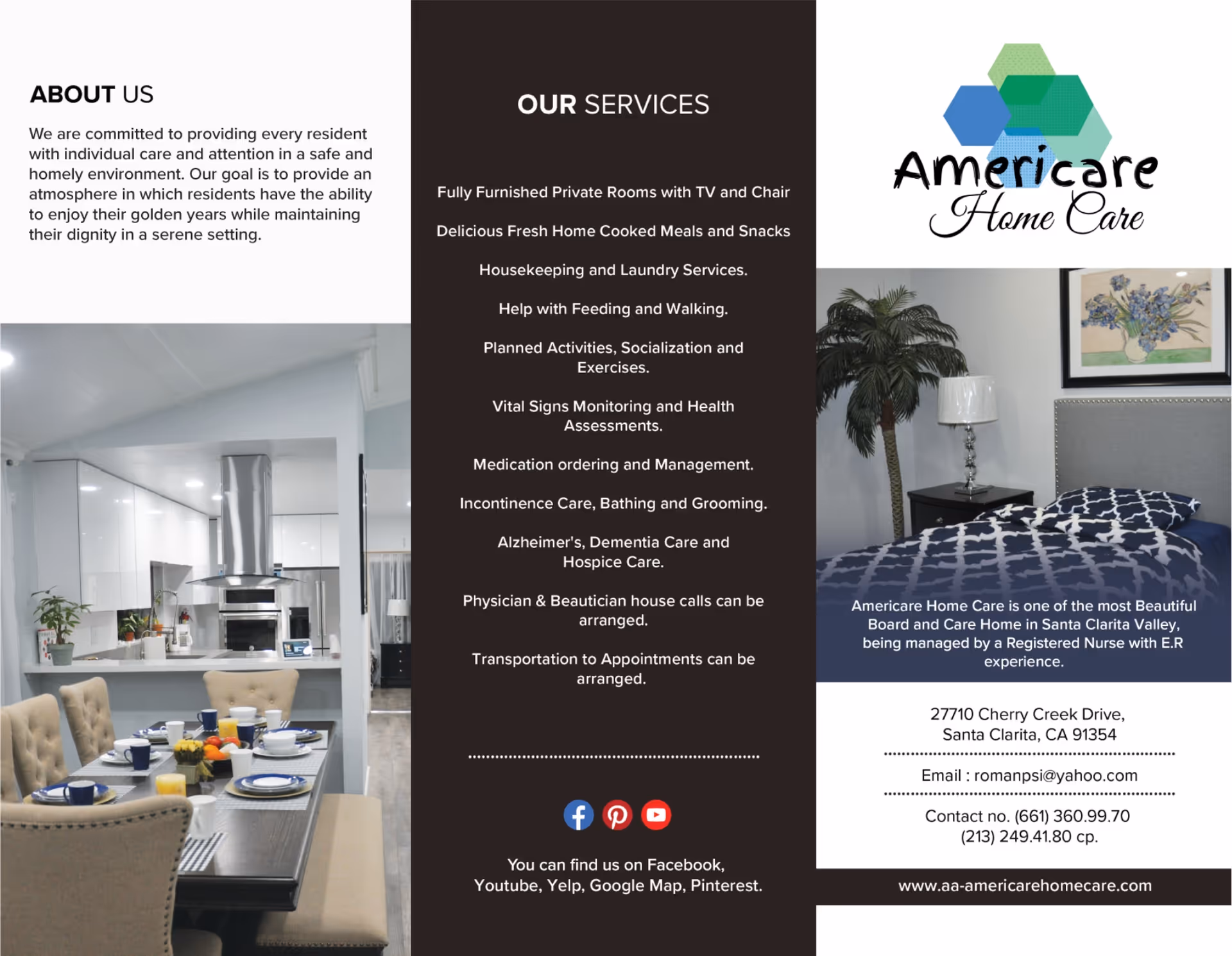 Brochure for Americare Home Care showing a modern dining area with a table set for a meal, a kitchen in the background, and a bedroom with a bed, nightstand, lamp, and a plant. The brochure includes text about the facility's commitment to care, a list of services offered, contact information, and the facility's logo.