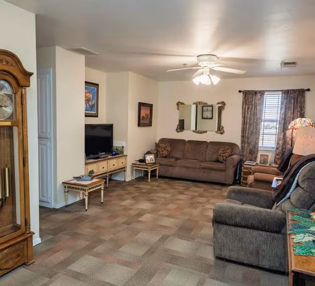 Cozy living room with brown sofa, recliners, TV, and ornate grandfather clock.